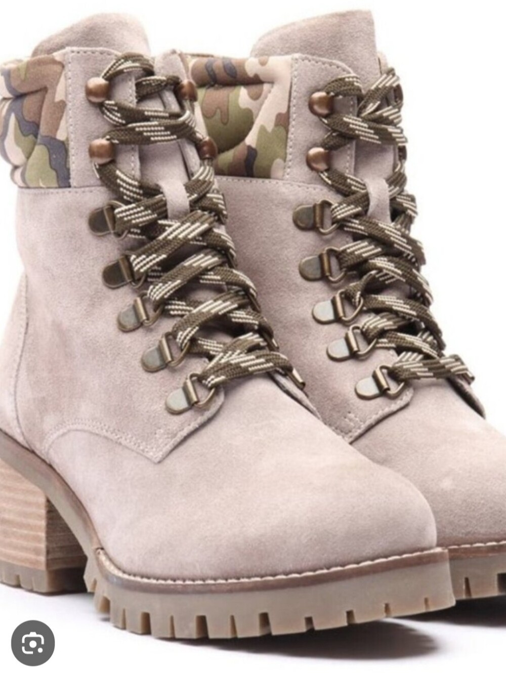Crevo Lace Up Suede Grey Leather Camo Heeled Boots 9 NEW